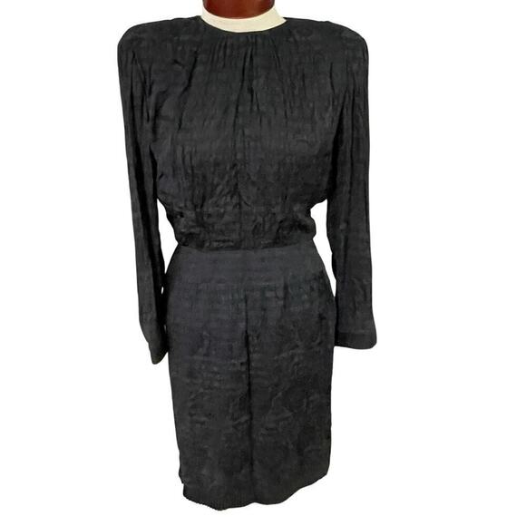 Albert Nipon Vintage Black Silk Dress 4 Pleated Trim Gold Button Back Shoulder - Picture 1 of 7